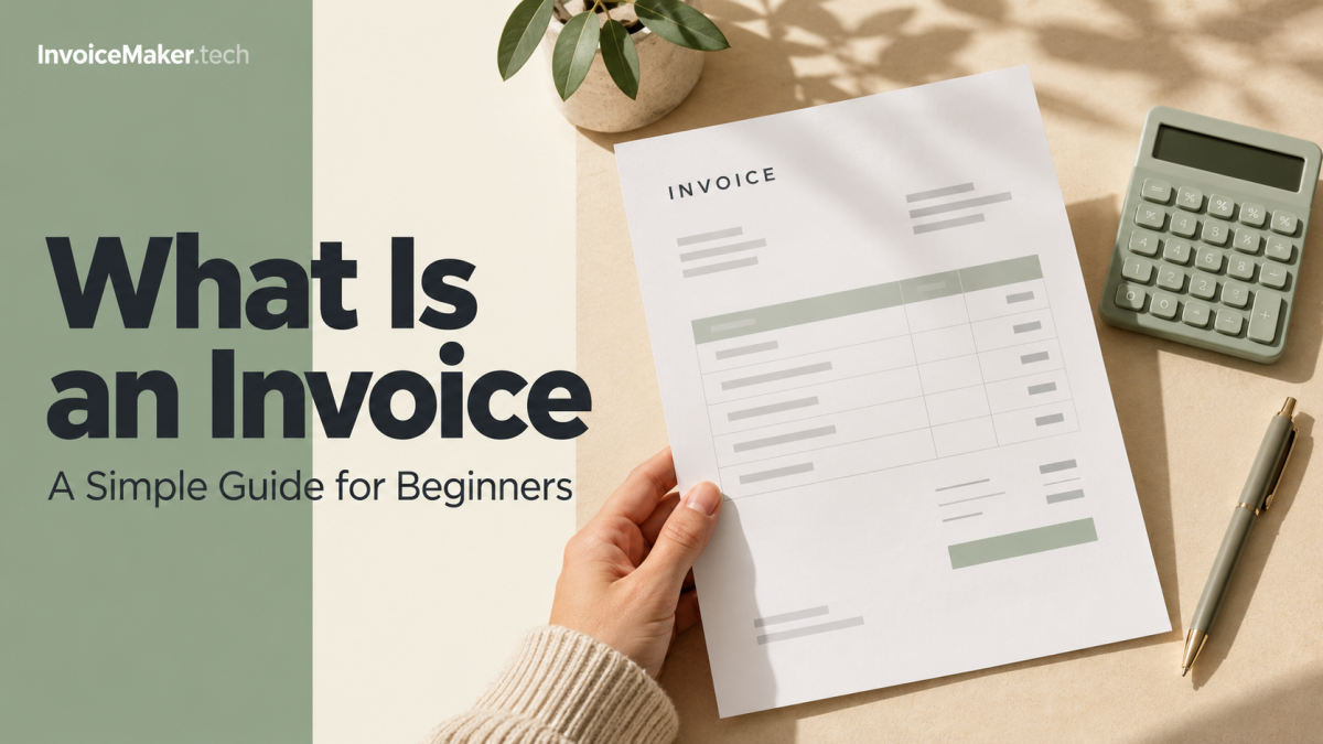 Person holding an invoice beside a calculator under the heading “What Is an Invoice.”