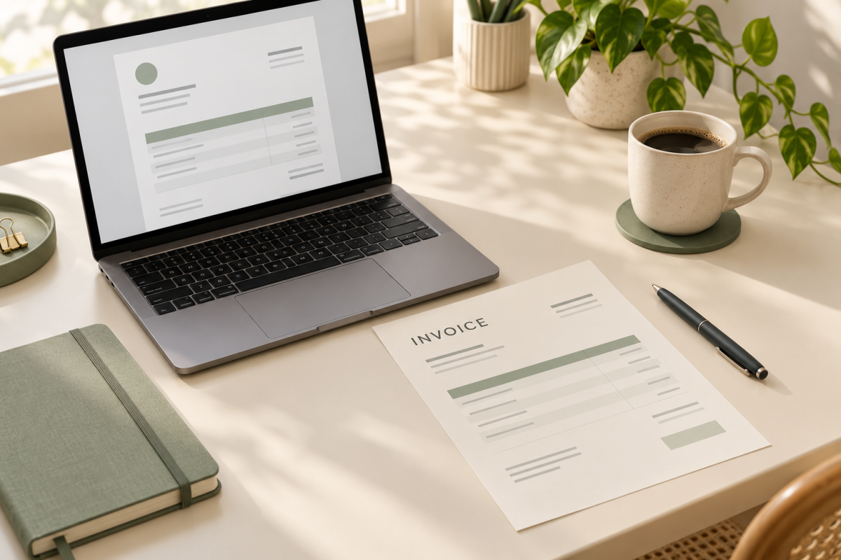 Paper invoice beside a laptop displaying an invoice layout on a sunlit desk.