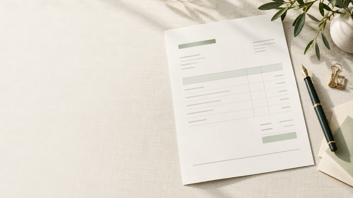 Blank invoice layout with a pen and paper clip on a light desk.