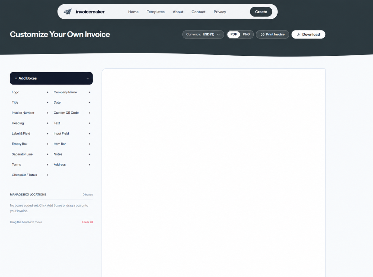 Blank invoice builder with the Add Boxes panel for arranging invoice elements.