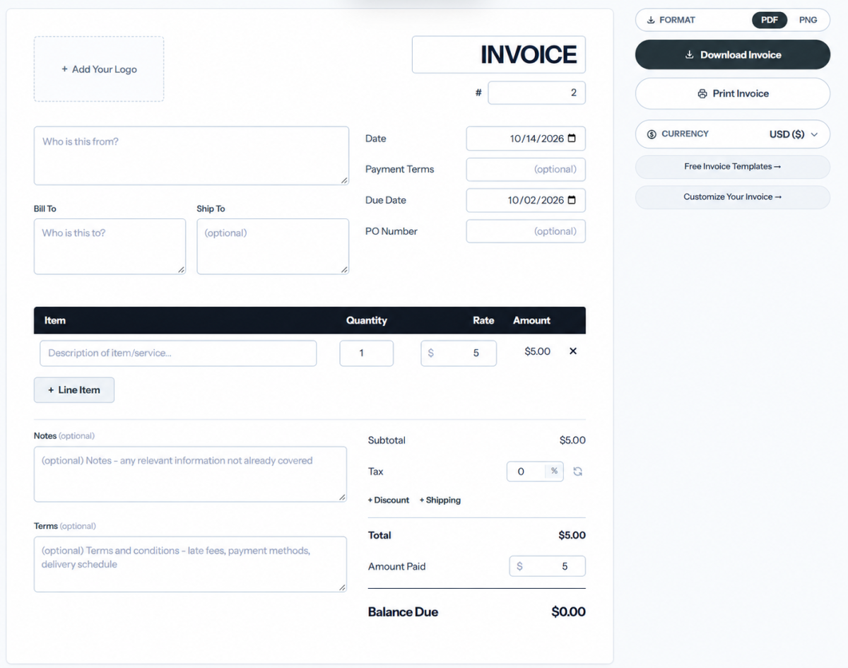 Default invoice editor with fields for business details, line items, totals, and download options.