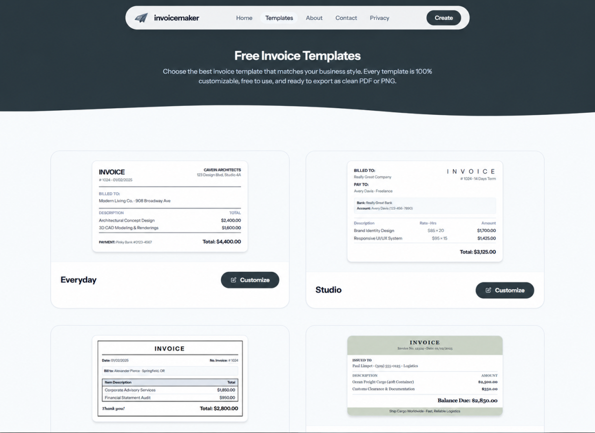 Invoice template gallery showing designs with Customize buttons.